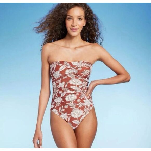 Shade and Shore Brown Strapless One Piece Swimsuit Size Large New - Picture 1 of 5